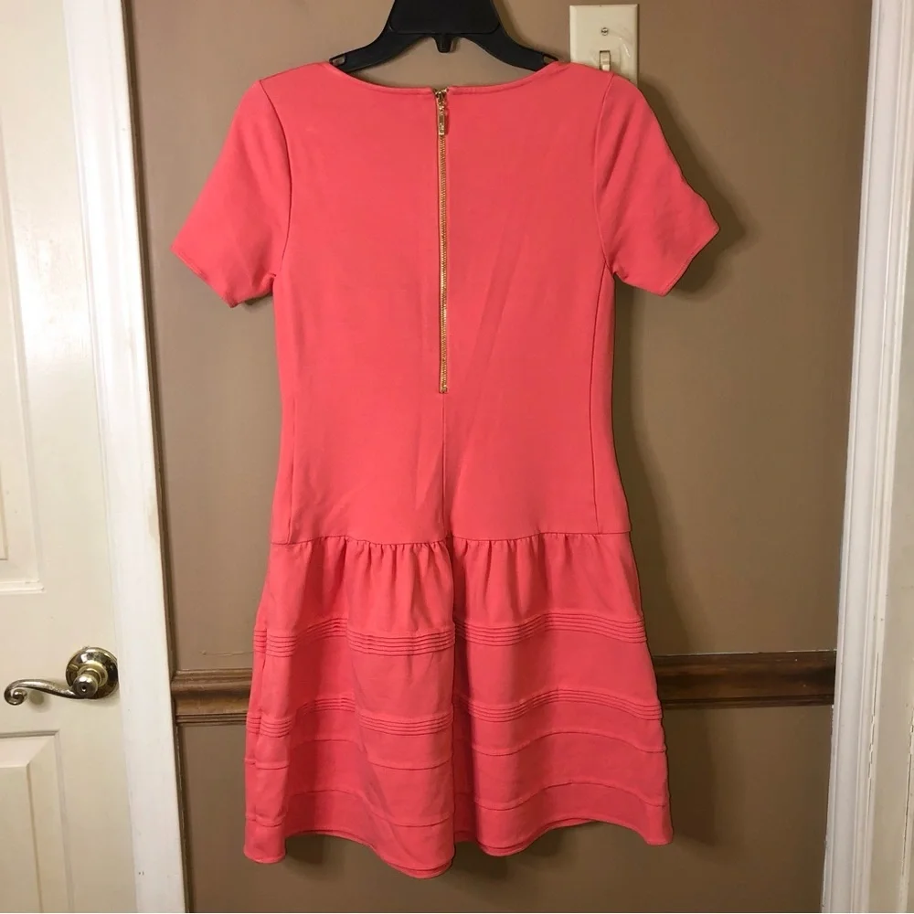 Eliza J Pleated Stripe‎ Short Sleeve Dress Coral Pink 6 - Picture 2 of 8